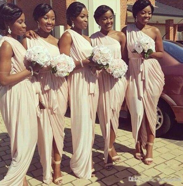 

African American Grecian Bridesmaid Dresses 2019 Unique One Shoulder Peach Pink Mermaid Long Formal Dresses for Women With Sash
