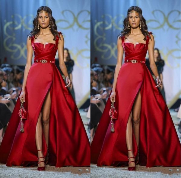 

New Red Prom Dresses Spaghetti Straps A Line Thigh High Slits Sexy Evening Gowns Satin Custom Made Special Occasion Dresses