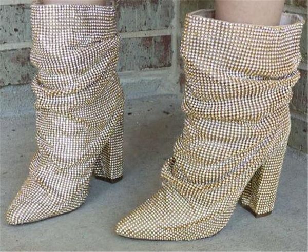 

women luxurious bling bling pointed toe rhinestone chunky heel short boots gold black silver crystal thick high heel ankle booties