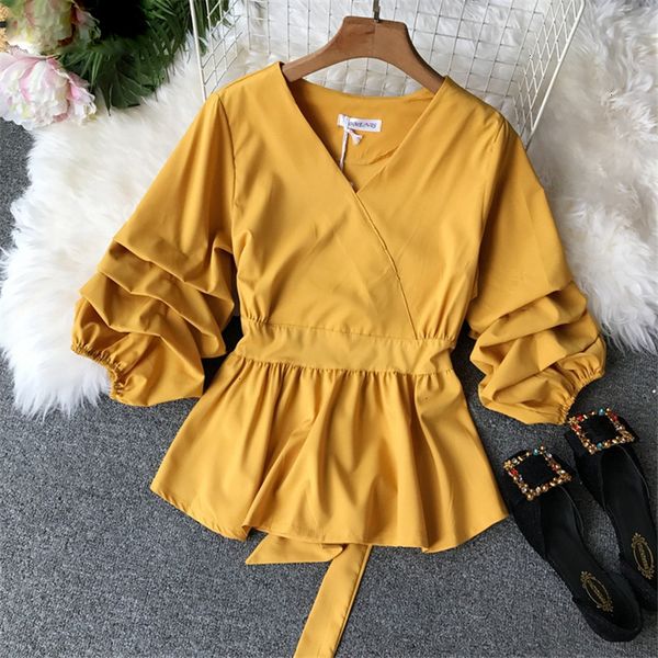 

women blouse woman solid slim waist regular women blouse v neck vintage blusa elegant female new fashion chic 68860, White