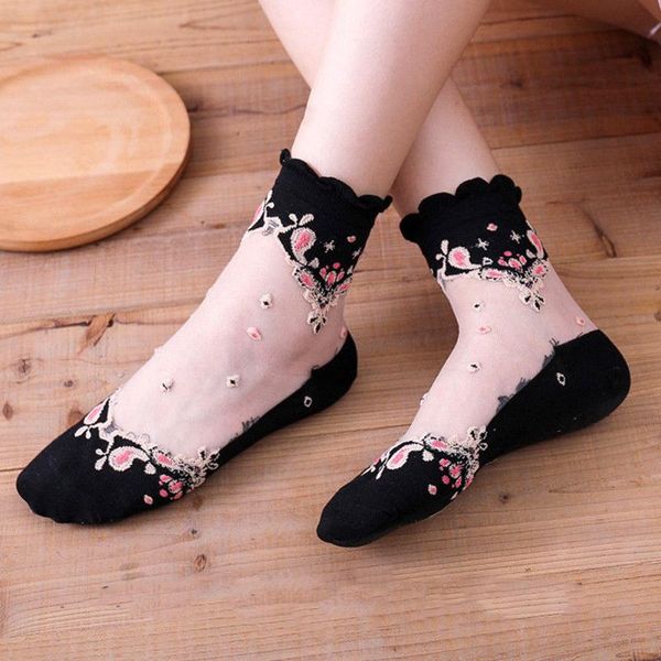 

1 пара ретро мягкий хлопок противоскользящие шорты женские носки удобные супер тонкие сетчатые цветы сексуальное кружево эластичная летняя м, Black;white