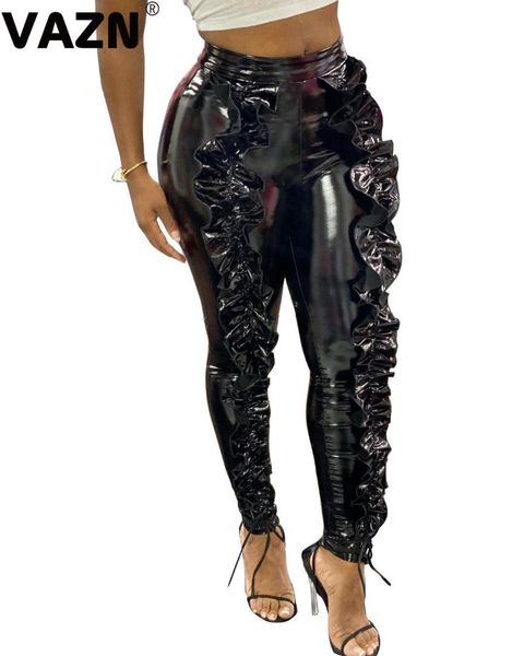

vazn 2020 plus size leather pants solid club unusual fashion 4 color skinny women high waist braid long pencil pants, Black;white
