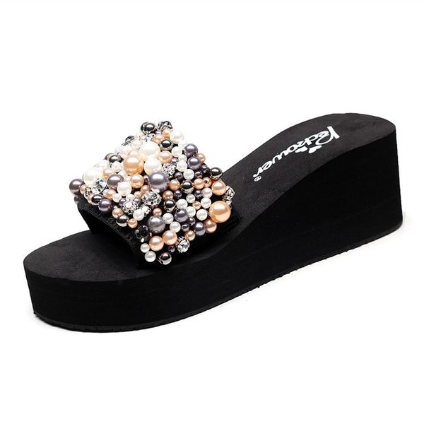 

leisure classics fashion women slippers summer slip-on casual slides outside high wedges string bead women shoes, Black