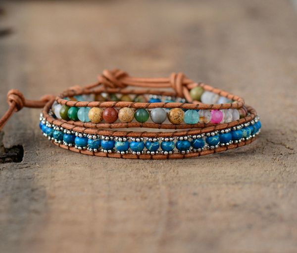 

leather bracelets colorful natural stones 2 strands wrap bracelets vintage beading woven statement bracelet dropshipping, Golden;silver