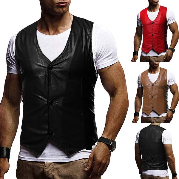 

fashion new 2019 autumn men's business gentleman solid color pu leather wild leather vest male 3914, Black;white