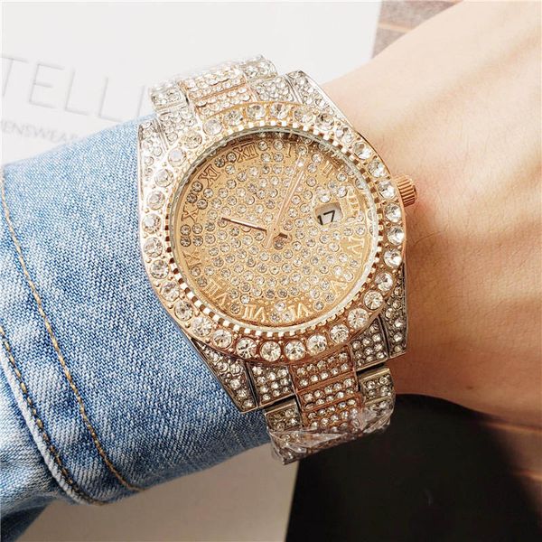 

business mens diamond watch male designer watches round full diamond ring wristwatch roman numeral hour mark iced out watch day date watch, Slivery;brown