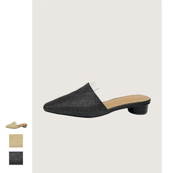 

women pointed toe low heels slides sandals cane women beach shoes mules summer slippers slip on casual comfortable sandals shoes, Black