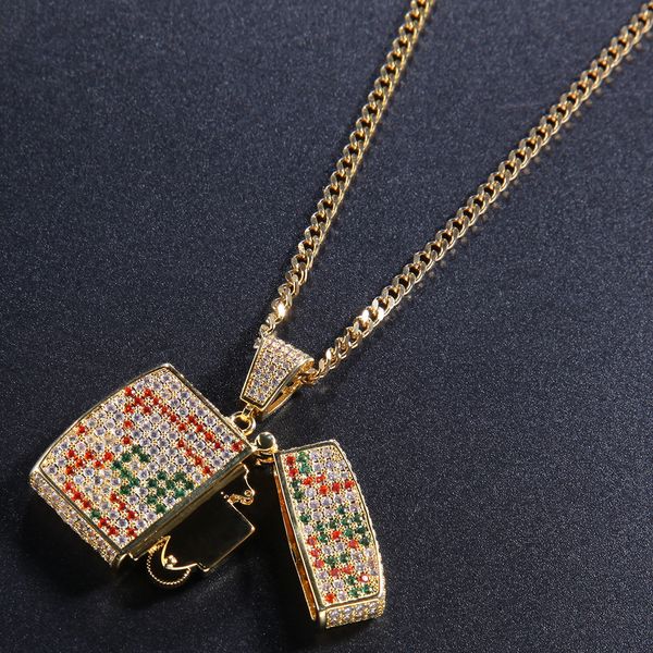 Мода-золото белое позолоченное обледенение многоцветный кубический цирконий мужская зажигалка кулон ожерелье дизайнер Алмаз хип-хоп ювелирные изделия для мальчиков