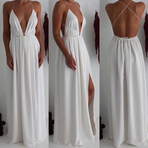 

v-neck sleeveless summer dress women white maxi long dress high waist split fashion bandage party boho beach vestido, Black;gray