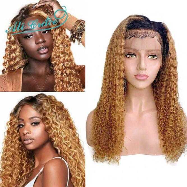 

ali grace t1b/27 curly wigs 13*6 ombre human hair wigs brazilian kinky curly lace front wig pre plucked hairline with baby hair, Black;brown