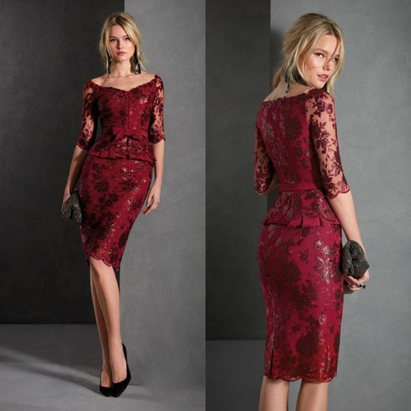 

dark red mother of bride dresses sheath half sleeves lace applique formal evening gowns knee length plus size prom dresses, Black;red