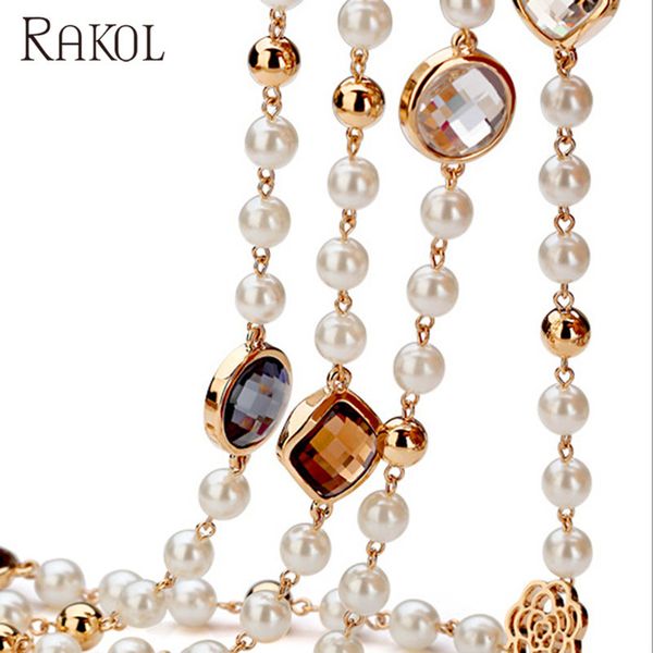 

rakol trendy ale cubic zircon rose flower simulated pearl long necklace for women sweater winter necklace christmas gift, Silver