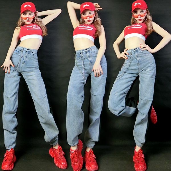 

хип-хоп танцевальные костюмы взрослые джазовый танцор рейв одежда уличные танцы наряд современное шоу одежда женщины красный жилет джинсы dn, Black;red