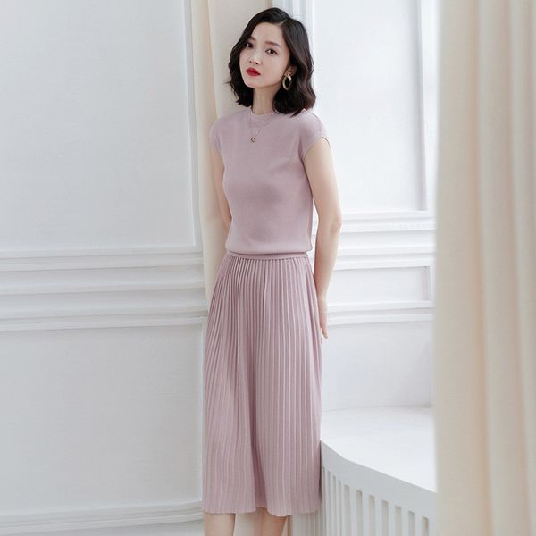 

women crop + skirts two piece set short sleeve o neck high waist knitted pleated skirt suits elegant korean style suits, White