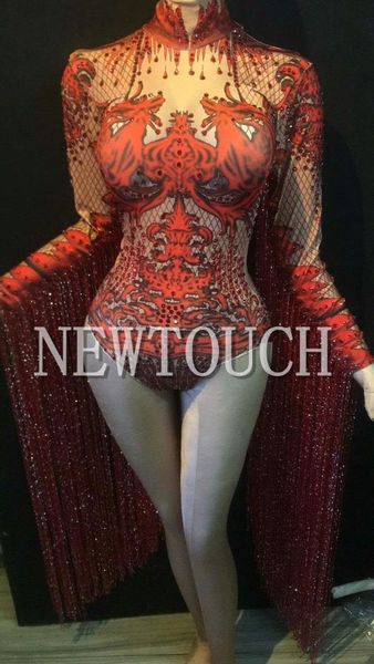 

4-color tassel rhinestones bodysuit ds costume female singer stage wear jumpsuit dj dance wear party stretch jumpsuit outfit, Black;red