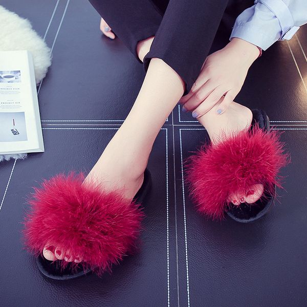 

2019 spring and autumn popular womens ostrich hair slippers wholesale indoor furniture thick bottom non slip wool shoes opening slippers, Black