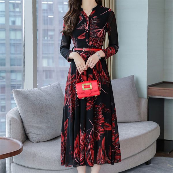 

мода корея осень платье женщин работа тонкий цветочный printed шифон женщины платья ретро элегантная партия макси платье vestidos, Black;gray