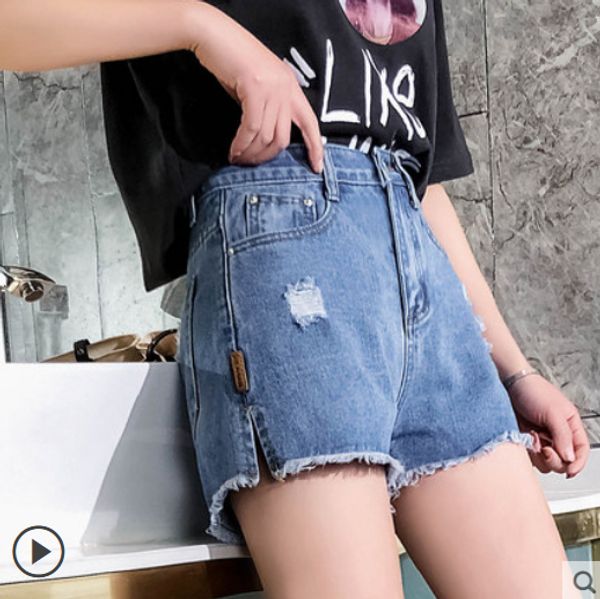 

light blue hole in denim shorts since show thin waist split wide-legged pants pants of students joker su liu a word