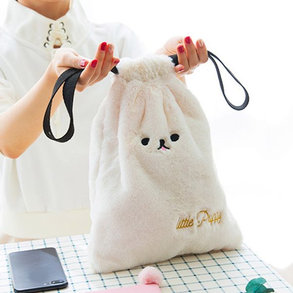 

new style cute cosmetic bag cartoon plush dog girl mini bag travel pouch drawstring makeup tools organizer