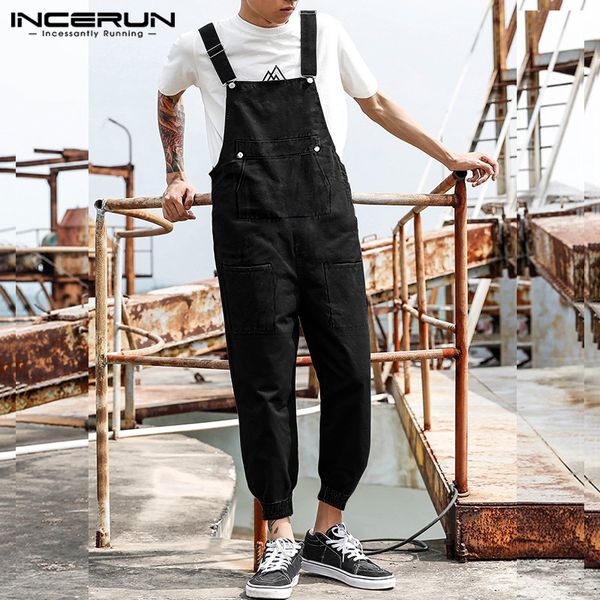 

incerun мода мужчины комбинезон solid color joggers подтяжки bib уличная брюки мужские комбинезоны повседневный 2020 сыпучие карманы rompers, Black