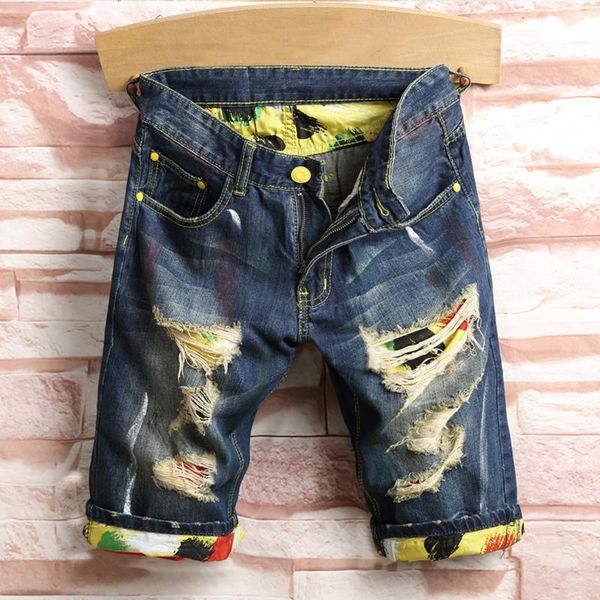 

new arrival summer mens holes denim shorts fashion men desigenr denim jeans slim straight pants trend mens designer pants, Blue