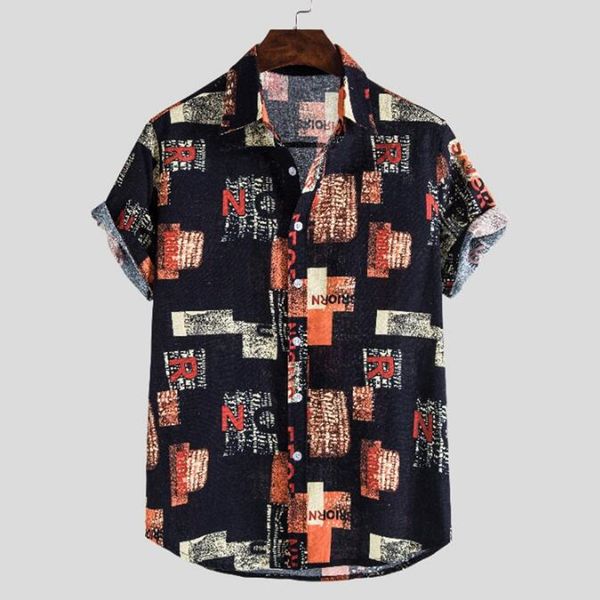 

men's hawaiian summer shirt 2020 cotton linen short-sleeved shirt lapel european plus-size casual prin, White;black