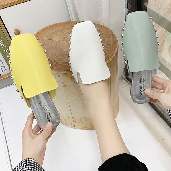 

cover toe female shoes slippers casual slides low rivet square soft 2020 luxury flat fashion basic pu spring square toe low, Black