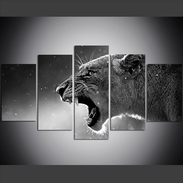 

5 piece large size canvas wall art pictures creative animal lion, roaring art print oil painting for living room