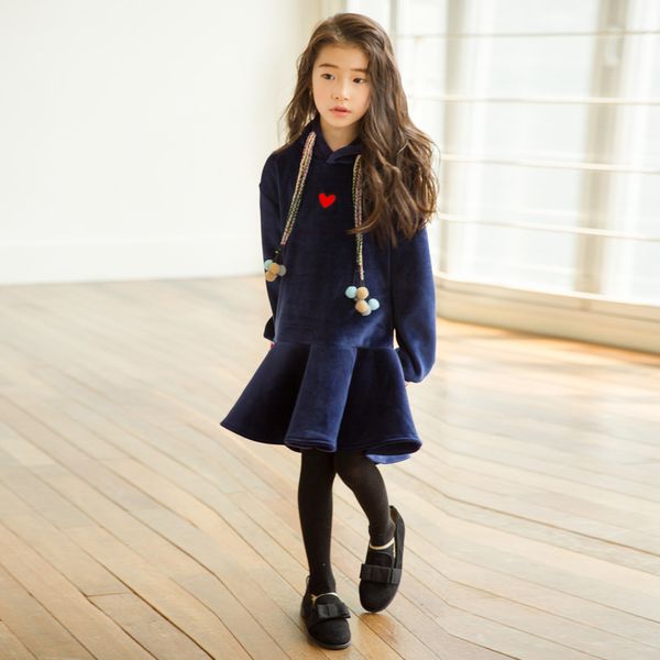 

4-14y teenage girls winter cute dresses hooded sweater plus velvet tutu teen childrens casual dress kids clothing costumes y200317, Red;yellow