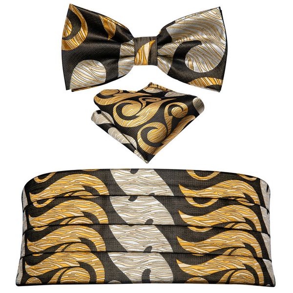 

hi-tie mens cummerbunds silk golden woven floral pattern fashion bow tie hanky set formal business wedding, Silver