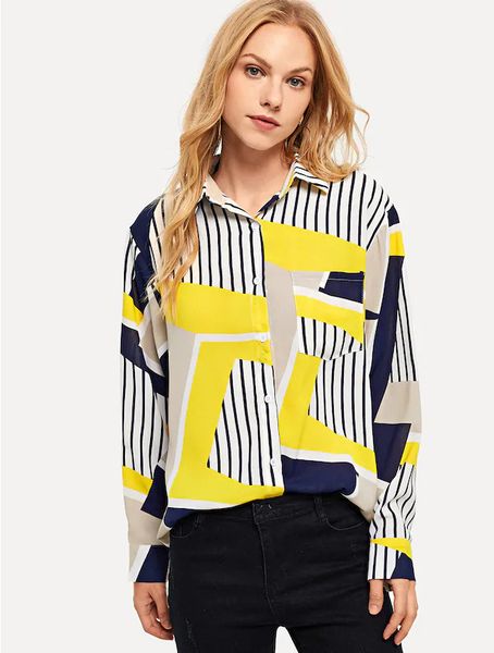 

women geometric print shirt new fashion loose style long sleeve casual shirt, White