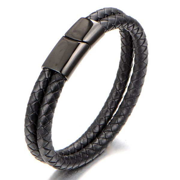 

fashion design black double genuine leather rope black plated 316l stainless steel magnet clasp leather bracelet
