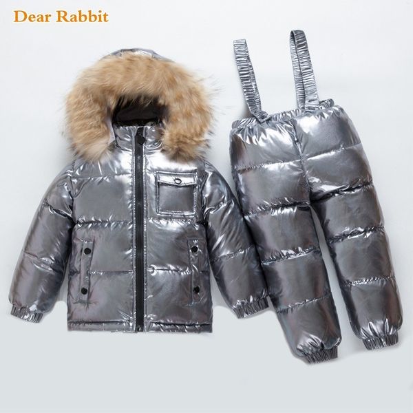 

2019 russia kids winter children clothing sets girls clothes for new year's eve boys parka real fur jackets coat down snow wear, Blue;gray