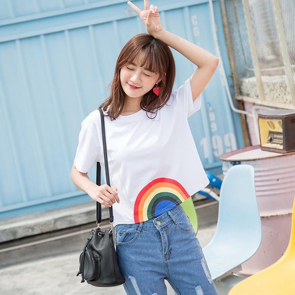 

regular summer new fashion harajuku women t -shirt kawaii rainbow print crop tees cute cotton short sleeve t-shirts female quality, White