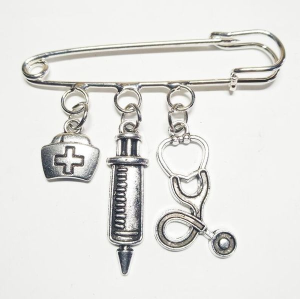 

ancient silver nurse cap medical syringe stethoscope brooch fashion creative men women jewelry designer brooch accessories doctors gift, Gray