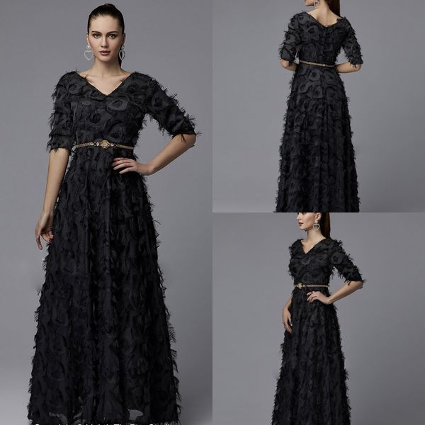 

2020 modest elegant v neck half sleeve a line evening dresses feather crystal sash formal dresses floor length party gowns, Black;red