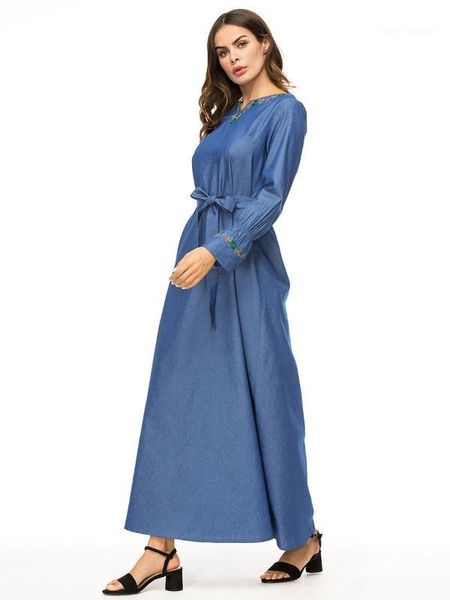 

casual robe asymmetrical spring women summer bell sleeve dresses fashion designer loose long clothing denim embroidery, Black;gray
