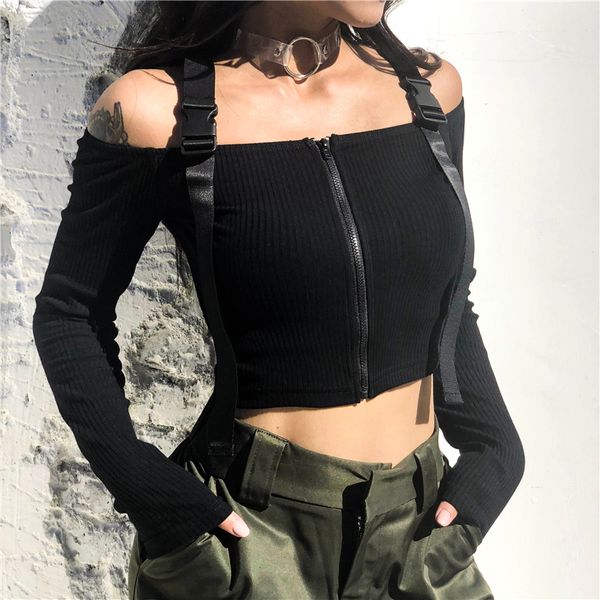 

tee shirt femme womens designer clothes vogue off shoulder long sleeve crop t shirt korean style summer black harajuku tshirt, White