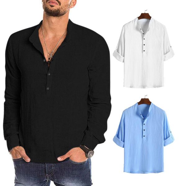 

fashion men solid color buttons stand collar long sleeve shirt pullover blouse solid color button stand collar comfortable top, White;black