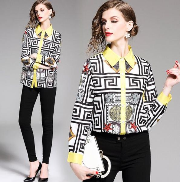 

summer new european fashion loose show thin all over lapel long sleeve printed shirt, White