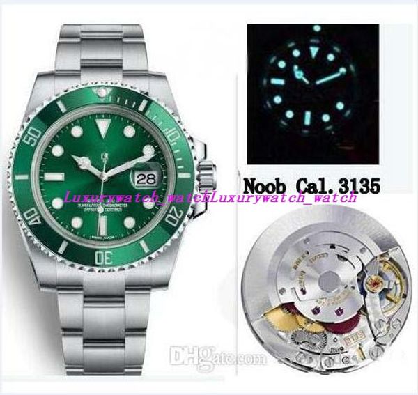 Водонепроницаемые часы керамика рамка зеленый циферблат 904L Стальные мужские часы Best Edition Automatic Cal.3135 Движение v12 Версия 116610 Dive Sapphire Glass Men's Wriswatch