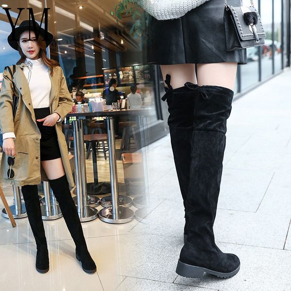 

fashion 2018 new women boots autumn winter ladies flat bottom boots shoes over the knee thigh high black suede long 40