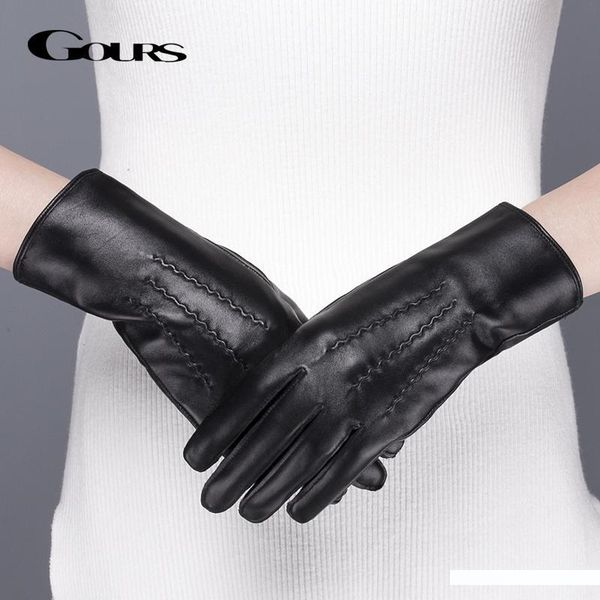 

gours genuine leather gloves for women winter warm black classic sheepskin finger touch screen gloves fashion mittens new gsl071, Blue;gray