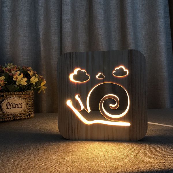 3D деревянная лампа в форме улитки Nordic Wood Night Light Теплый белый выдолбленный светодиодный настольный светильник USB блок питания в подарок другу