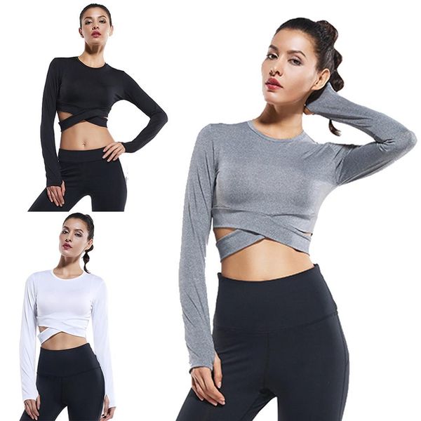 

women casual cross wrap crop sport all seasons quick long sleeve dry shirt yoga sportswear short sports, White;red