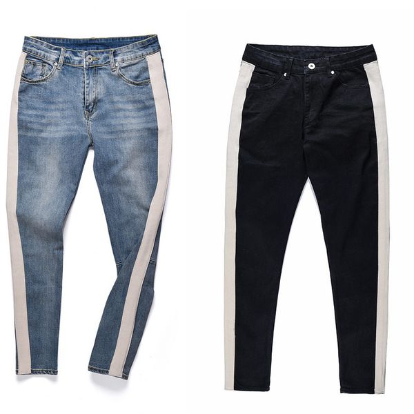 

spring 2019 new trousers leisure jeans for men classic trousers side striped jeans male hip hop clothing, Blue