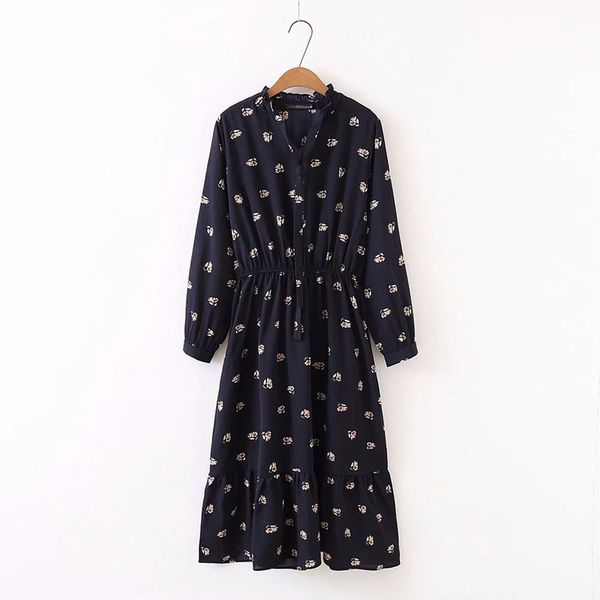 

womens dress ladies dresses women plus size dress floral print long sleeve casual autumn dresses vintage ruffles pleated dress vestidos, Black;gray