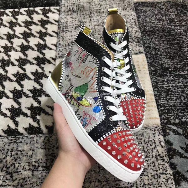 

famous beads graffiti flat,brand spikes red bottom shoes women,men designer casual walking party dress trainers shoes 35-47, Black