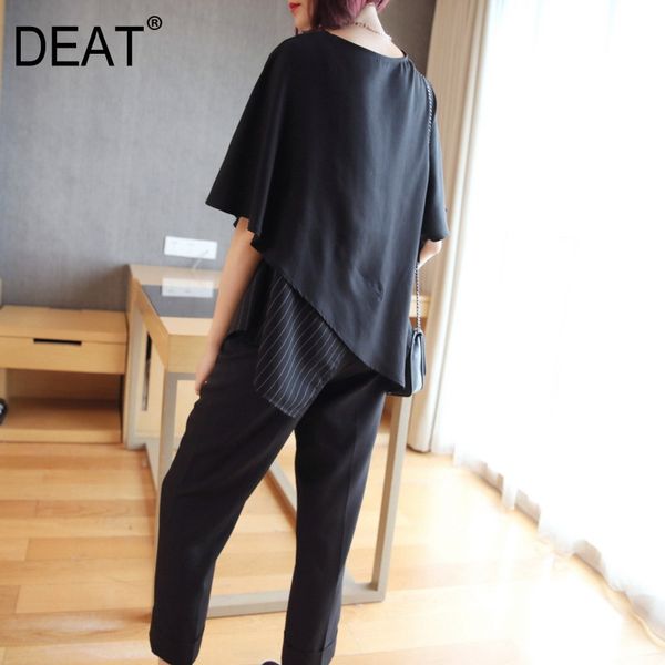 

deat] 2020 summer fashion short sleeve irregular hem striped patchwork design casual tshirt women loose wild new clothing ar306, White