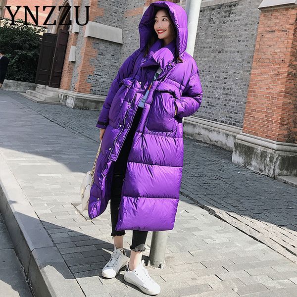 

ynzzu korean style purple black casual women parkas long style with pockets loose hooded warm oversized cotton padded coat a1307